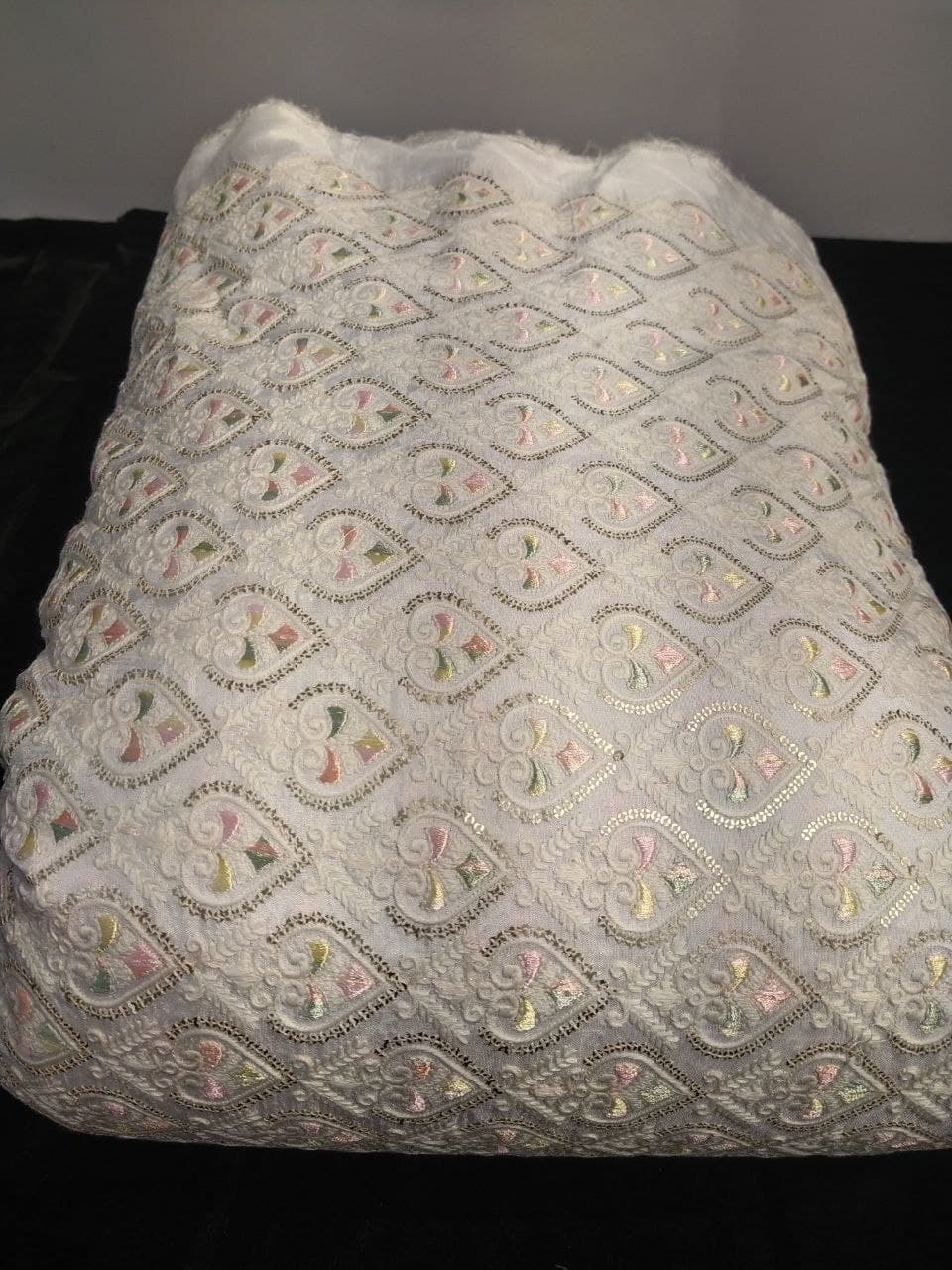 Embroidery Fabric - Polyester, 44'' Width, Off-white Color, Geometric Design, 10 Oz/yd Weight | Features Sequins For Apparel, Home Decor, Crafts