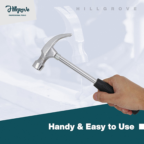 Hillgrove Ham High Quality Durable Metalworking Household Rubber Handle Straight Claw Hammer - Stainless Steel, Polished Finish, Silver And Black, Wooden Handle | 6-month Warranty, Commercial Use