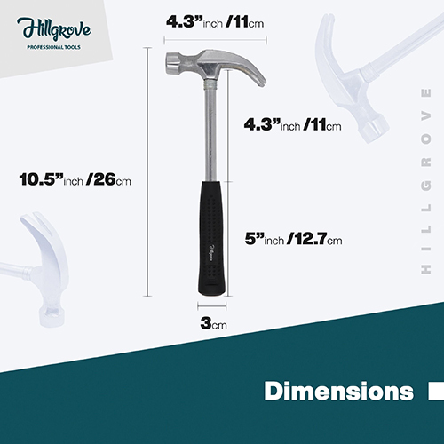 Hillgrove Ham High Quality Durable Metalworking Household Rubber Handle Straight Claw Hammer - Stainless Steel, Polished Finish, Silver And Black, Wooden Handle | 6-month Warranty, Commercial Use