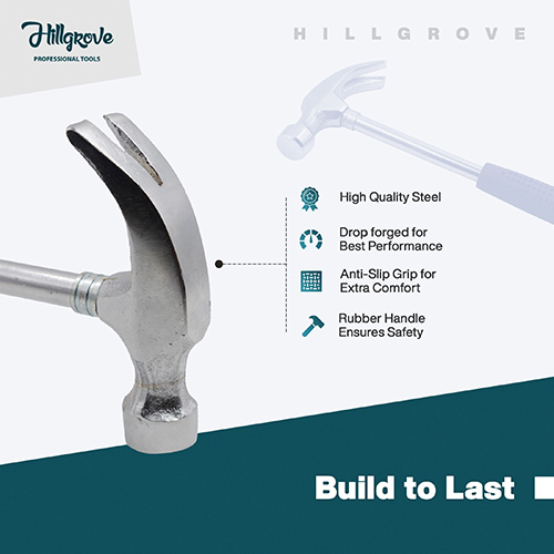 Hillgrove Ham High Quality Durable Metalworking Household Rubber Handle Straight Claw Hammer - Stainless Steel, Polished Finish, Silver And Black, Wooden Handle | 6-month Warranty, Commercial Use