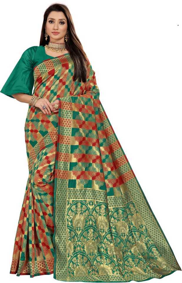 Ladies Banarasi Saree - Printed Cotton Blend | Customized Size, Traditional Ethnic Design, Washable For All Season Wear
