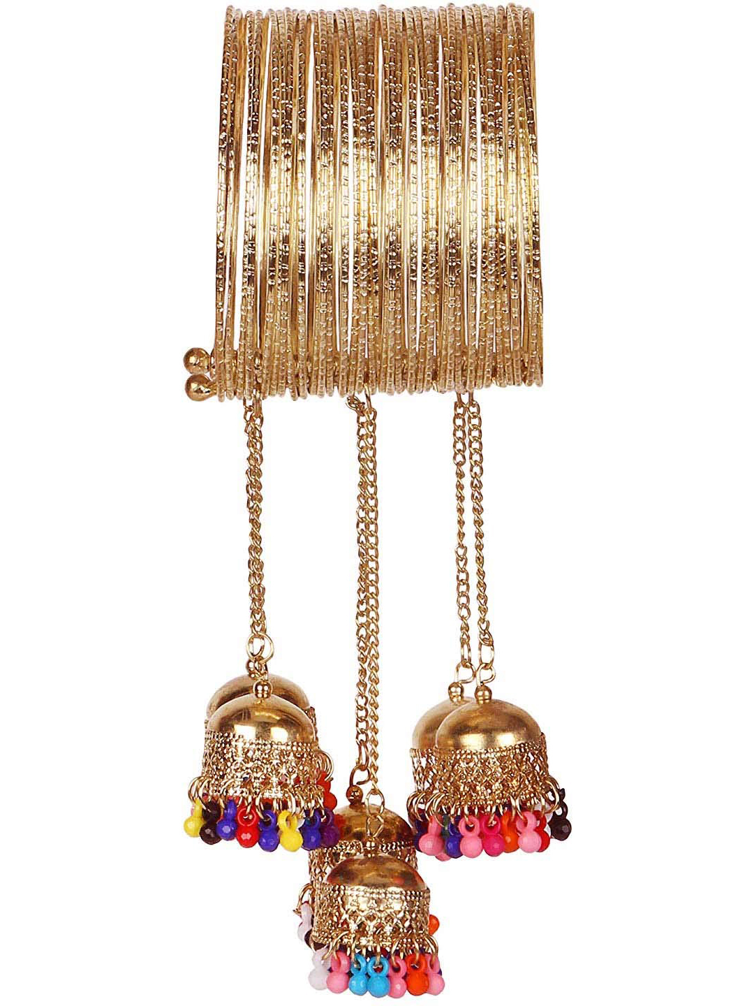 Golden Bangle Bracelet With Multicolor Bead With Hanging Jhumki - Alloy, 20 Grams, German Oxidized Silver Base, Stylish For All Occasions | Traditional Ghungroo Cuff Design, Perfect For Parties And Weddings