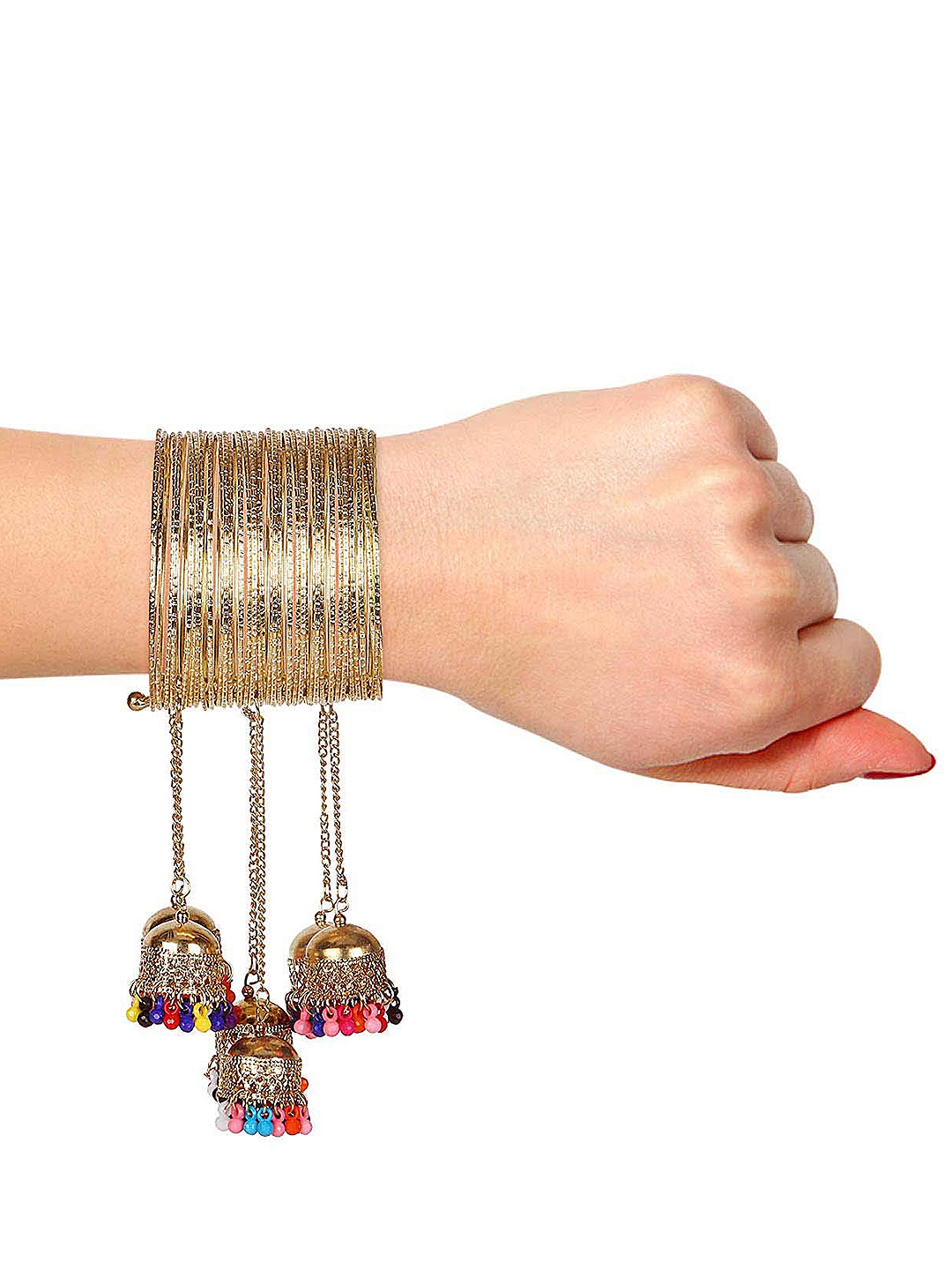 Golden Bangle Bracelet With Multicolor Bead With Hanging Jhumki - Alloy, 20 Grams, German Oxidized Silver Base, Stylish For All Occasions | Traditional Ghungroo Cuff Design, Perfect For Parties And Weddings
