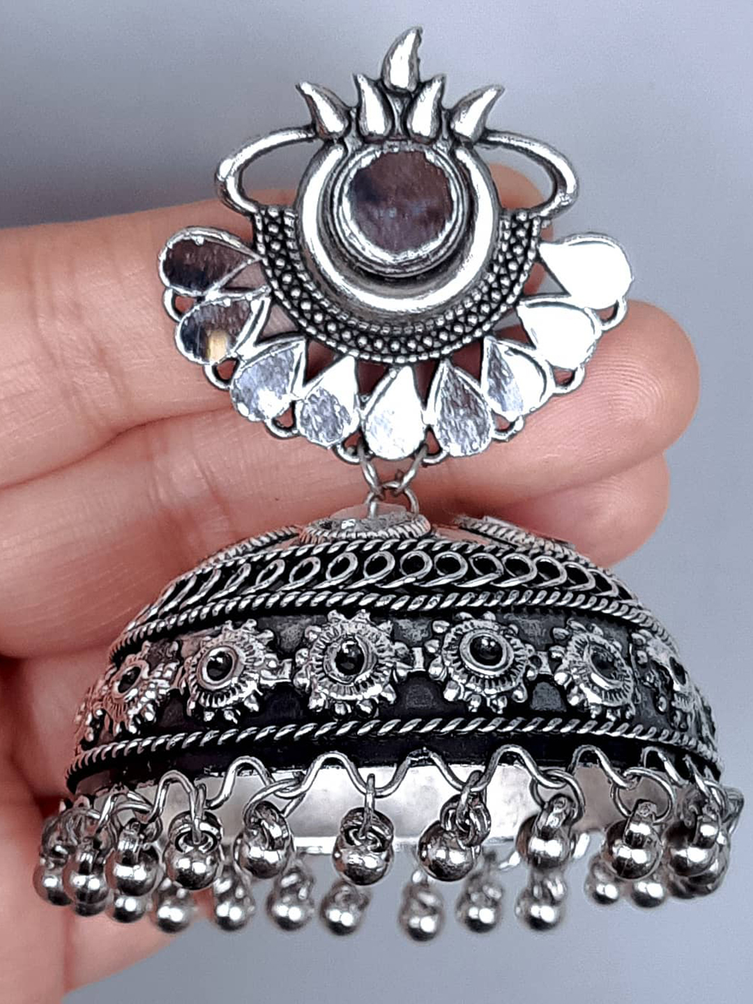 Oxidized Black Silver Afghani Style Big Mirror Jhumki Silver Earrings - Alloy, 20g Weight | Fashion & Costume Jewelry For Women, Perfect For Anniversary & Party