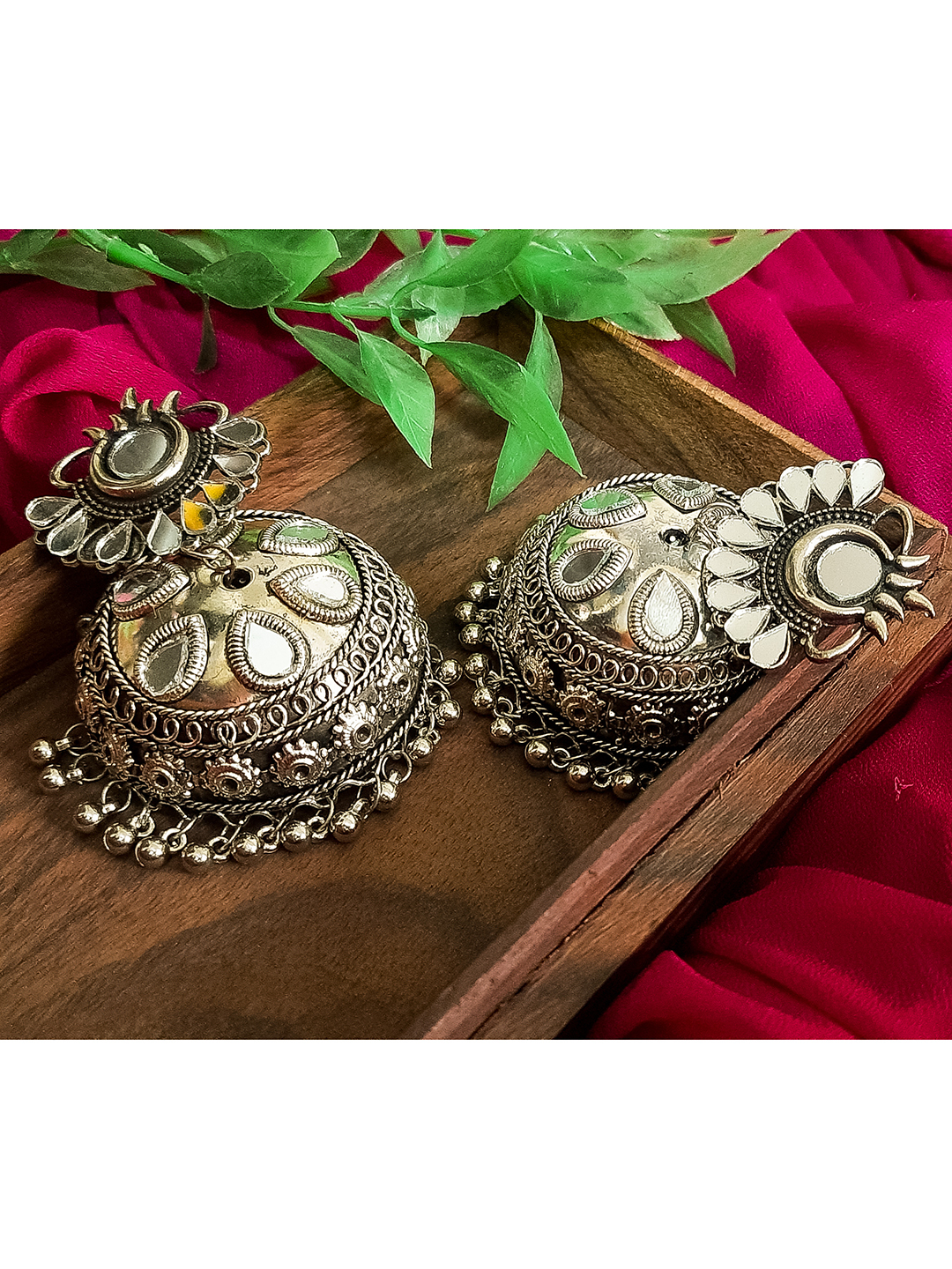 Oxidized Black Silver Afghani Style Big Mirror Jhumki Silver Earrings - Alloy, 20g Weight | Fashion & Costume Jewelry For Women, Perfect For Anniversary & Party