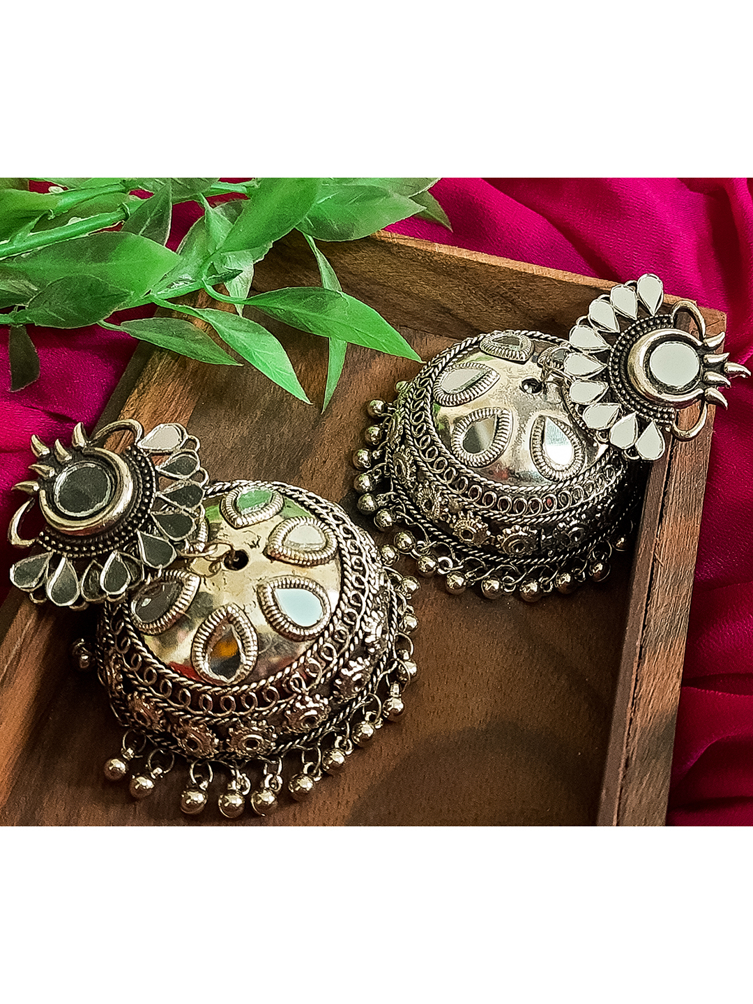 Oxidized Black Silver Afghani Style Big Mirror Jhumki Silver Earrings - Alloy, 20g Weight | Fashion & Costume Jewelry For Women, Perfect For Anniversary & Party