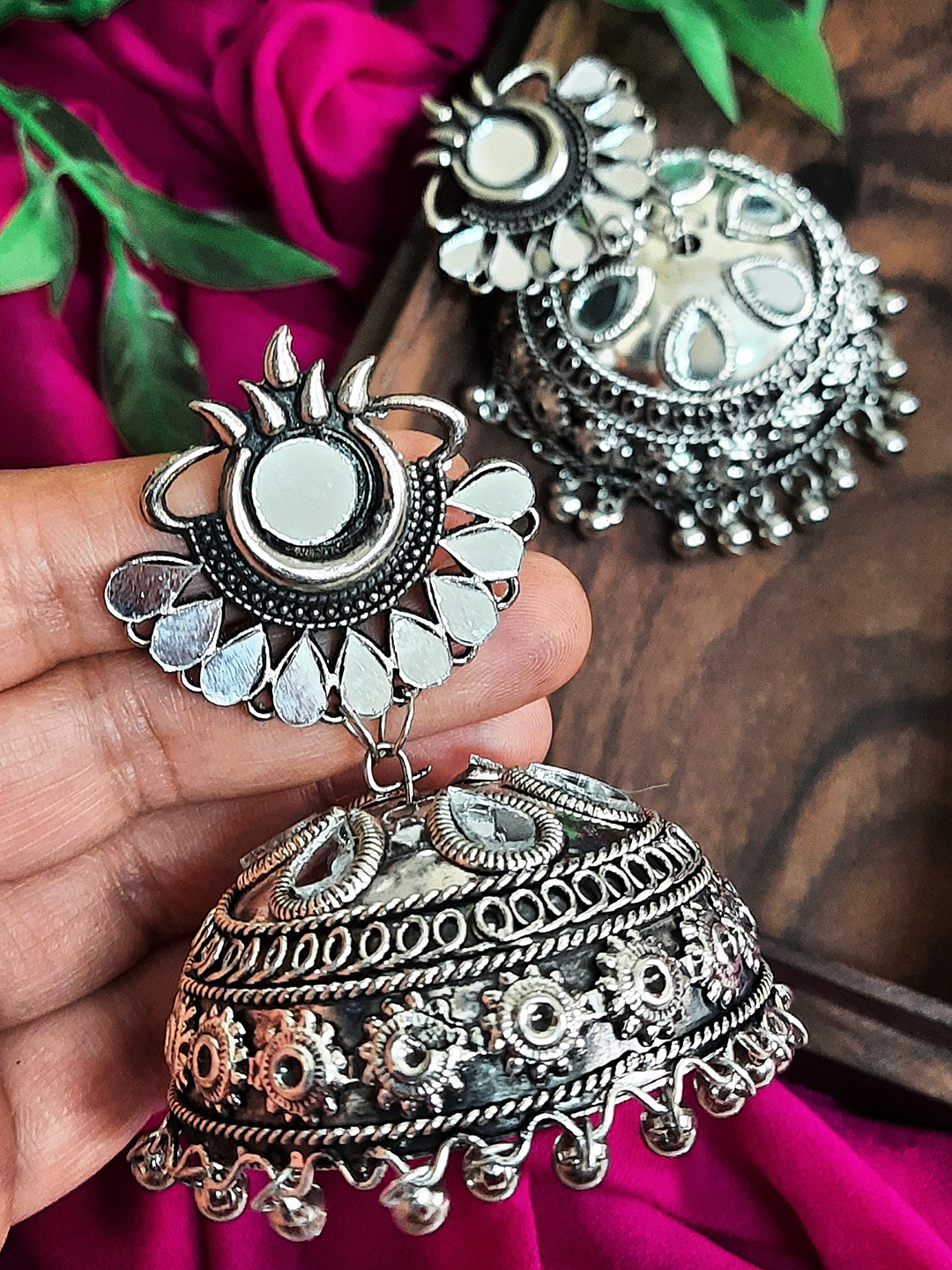 Oxidized Black Silver Afghani Style Big Mirror Jhumki Silver Earrings - Alloy, 20g Weight | Fashion & Costume Jewelry For Women, Perfect For Anniversary & Party