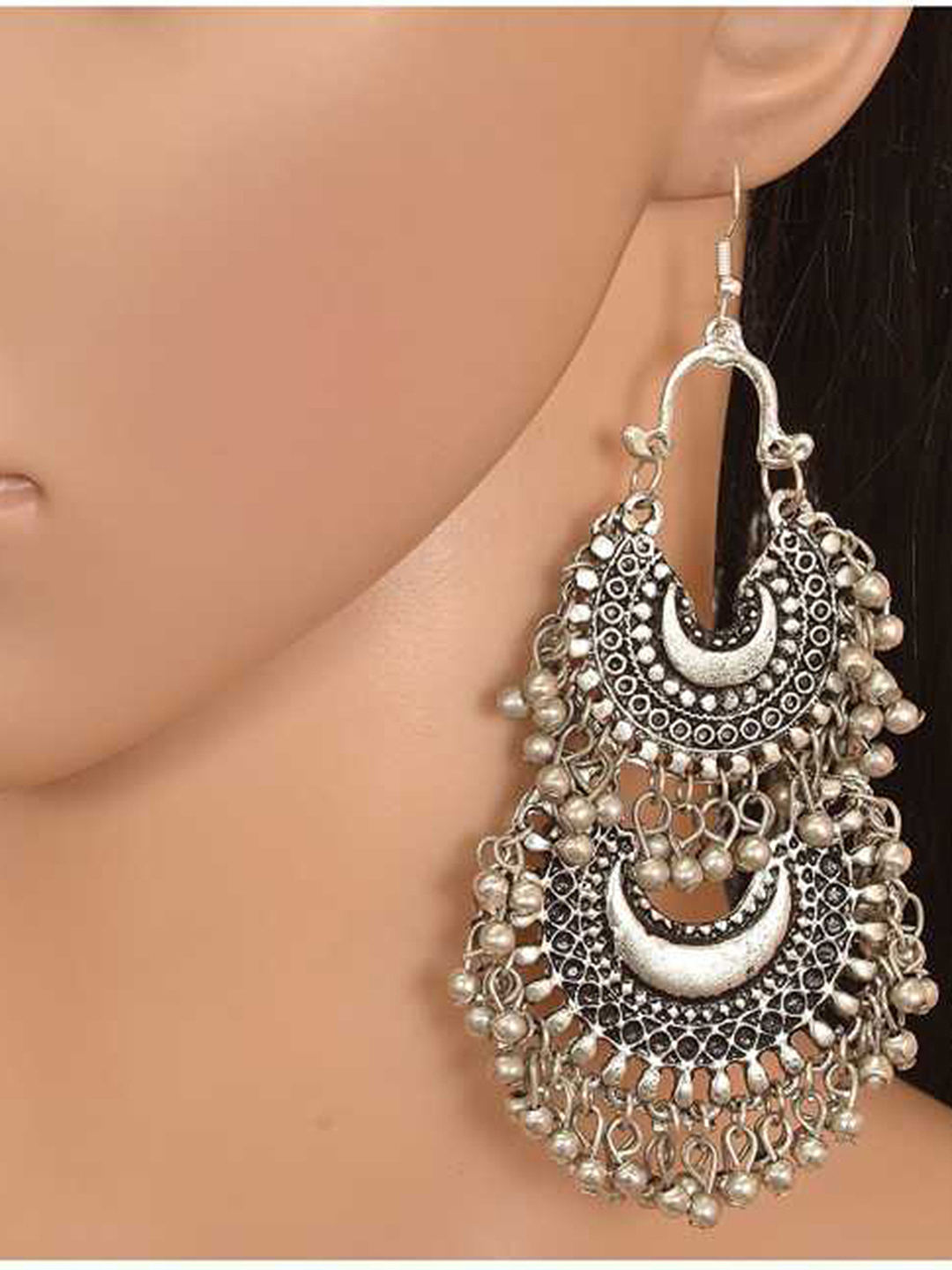 Double Layer Afgani Silver Alloy Chandbali Earring Gender: Women