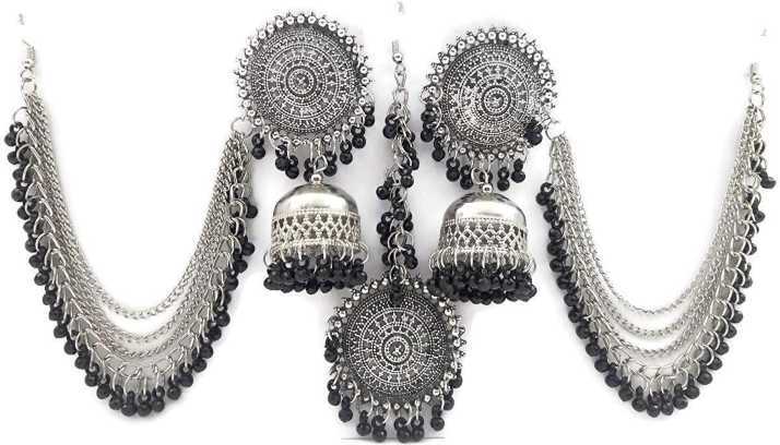Traditional Antique Silver Black Beats Bahubali Long Chain Jhumka