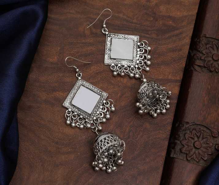 Elegant Square Mirror Silver Plated With Beads Medium Jhumki Earrings - Alloy, One Size, 20 Grams | Handcrafted Designer Jewelry, Lightweight Comfort