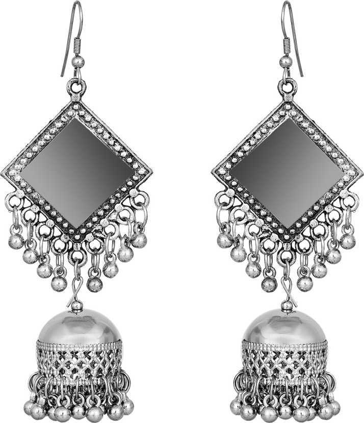 Elegant Square Mirror Silver Plated With Beads Medium Jhumki Earrings - Alloy, One Size, 20 Grams | Handcrafted Designer Jewelry, Lightweight Comfort