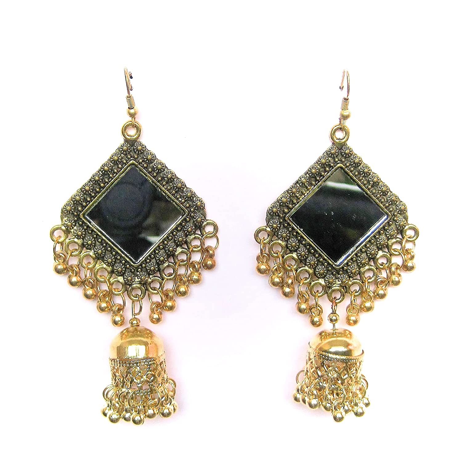 Elegant Square Mirror Golden Plated With Beads Medium Hand Crafted Designer Jhumki Earrings Gender: Women