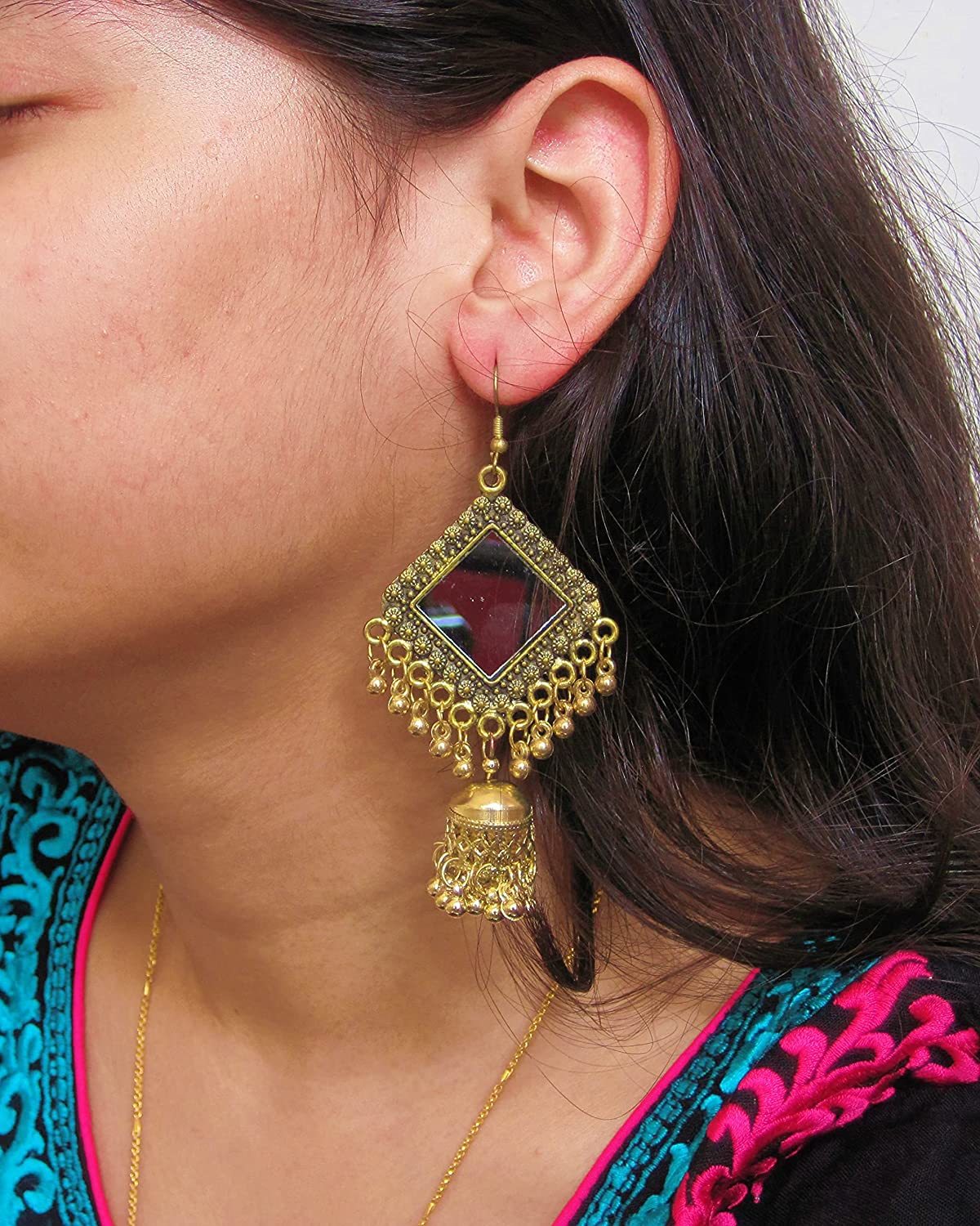 Elegant Square Mirror Golden Plated With Beads Medium Hand Crafted Designer Jhumki Earrings Gender: Women