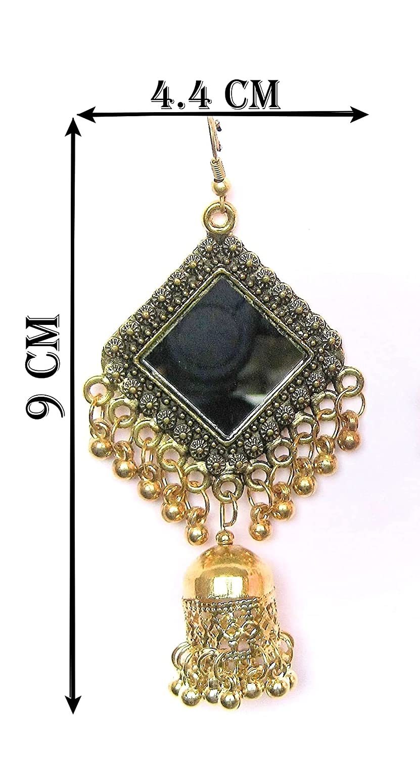 Elegant Square Mirror Golden Plated With Beads Medium Hand Crafted Designer Jhumki Earrings Gender: Women