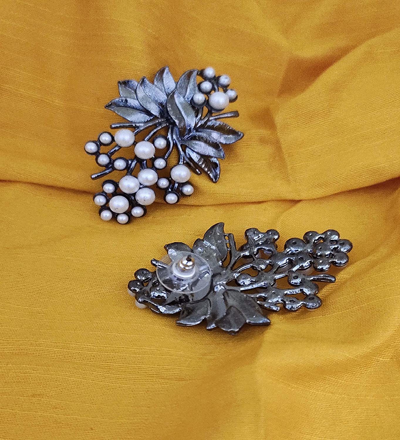 Trending Silver Flower Pearl Stud Earrings - Alloy, Oxidized Silver, Stylish Chandbali Jhumka Design, Detailed Craftsmanship For Ethnic Wear