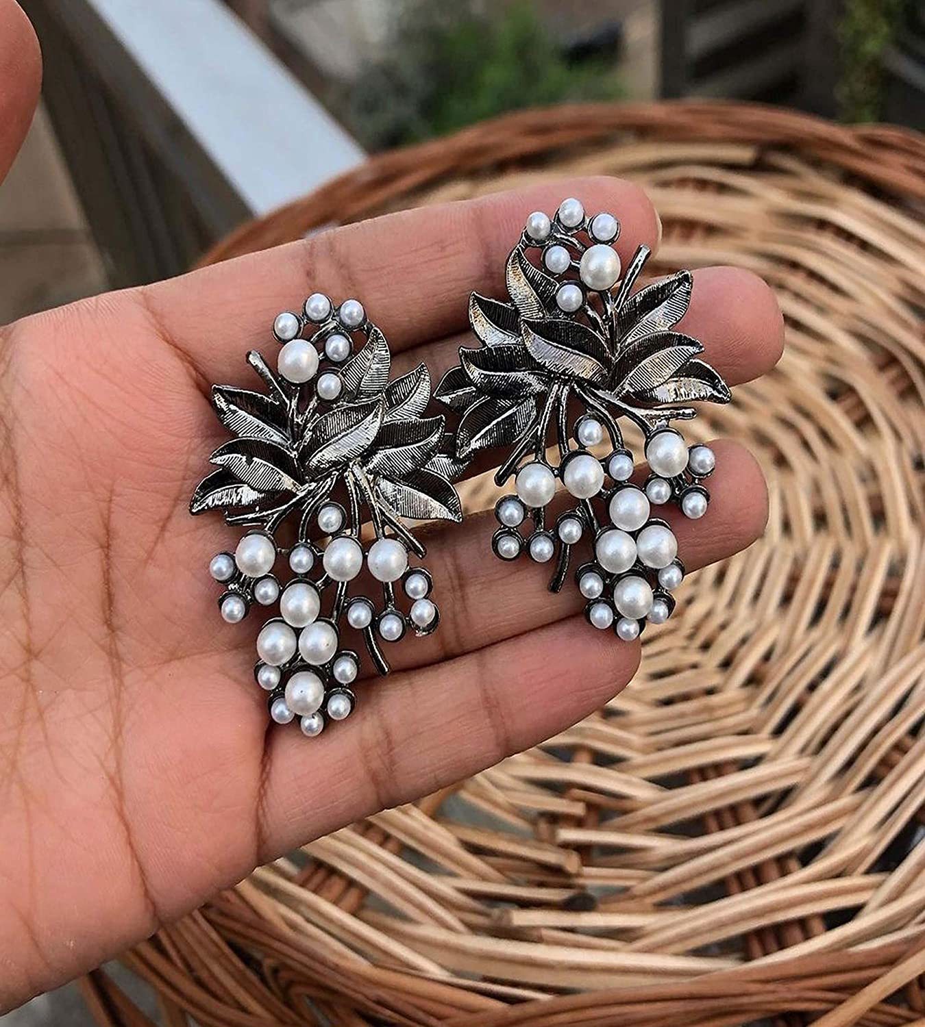 Trending Silver Flower Pearl Stud Earrings - Alloy, Oxidized Silver, Stylish Chandbali Jhumka Design, Detailed Craftsmanship For Ethnic Wear