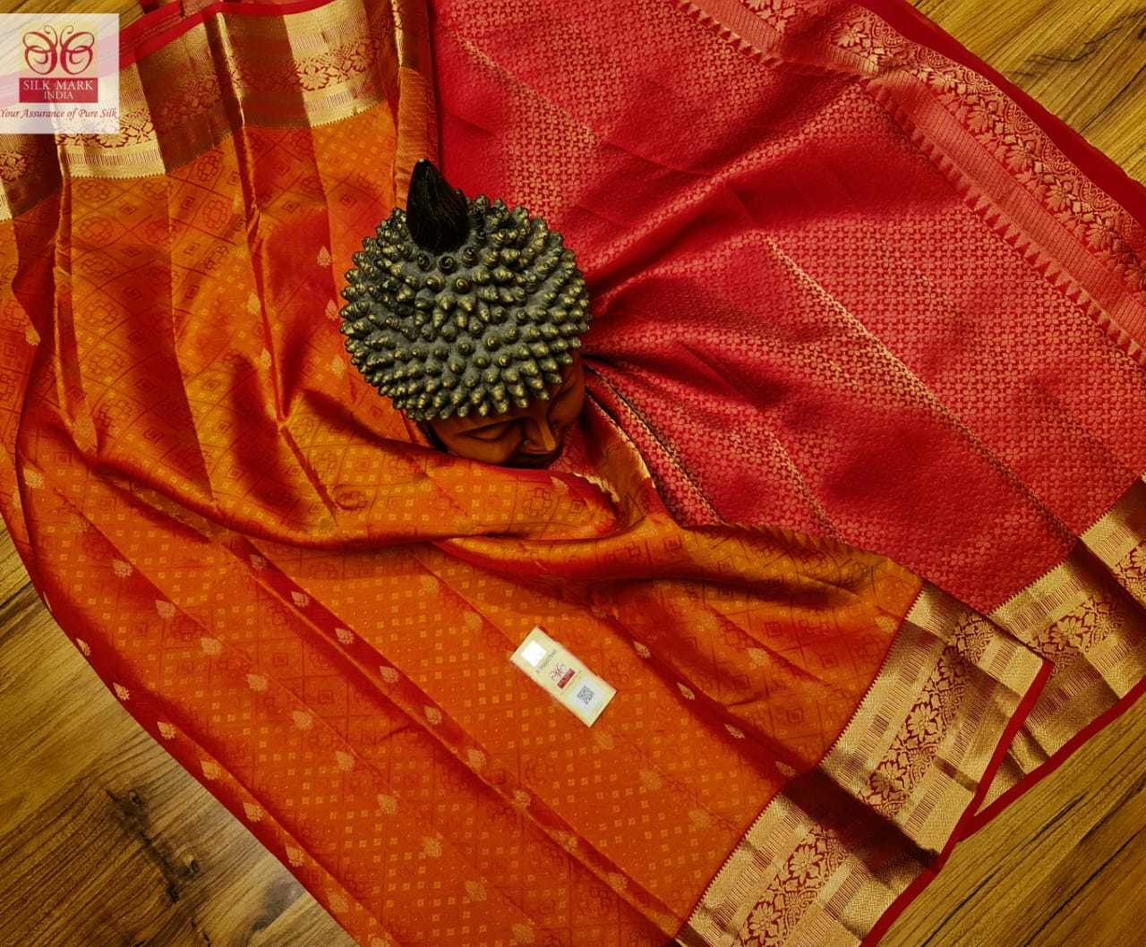Pure Kanjivaram Soft Silk Saree - Art Silk Fabric, Orange With Golden Zari Work | Rich Contrast Pallu, Silk Mark Certification, All-over Butta Design