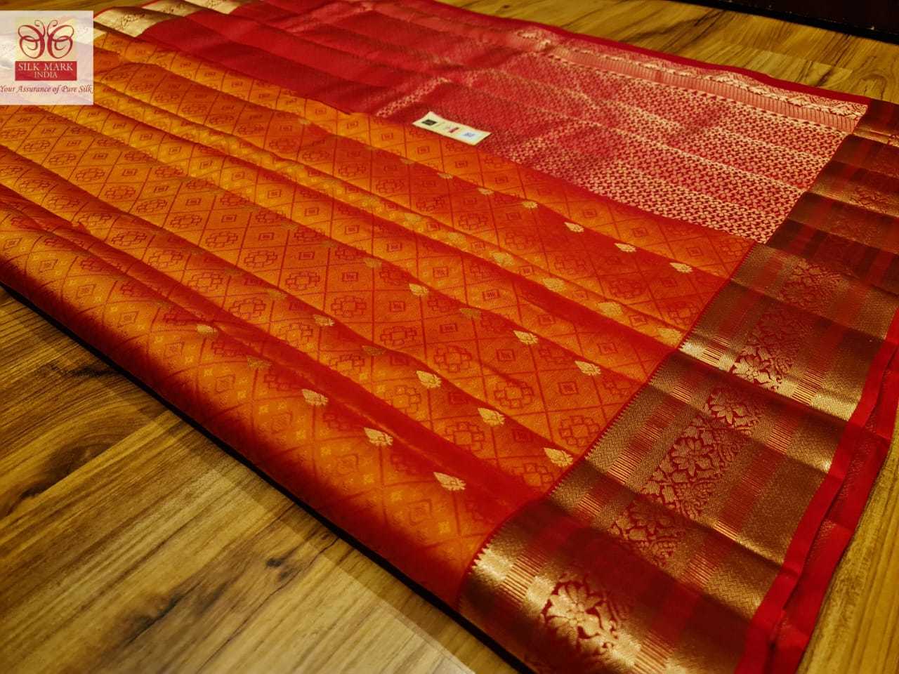 Pure Kanjivaram Soft Silk Saree - Art Silk Fabric, Orange With Golden Zari Work | Rich Contrast Pallu, Silk Mark Certification, All-over Butta Design