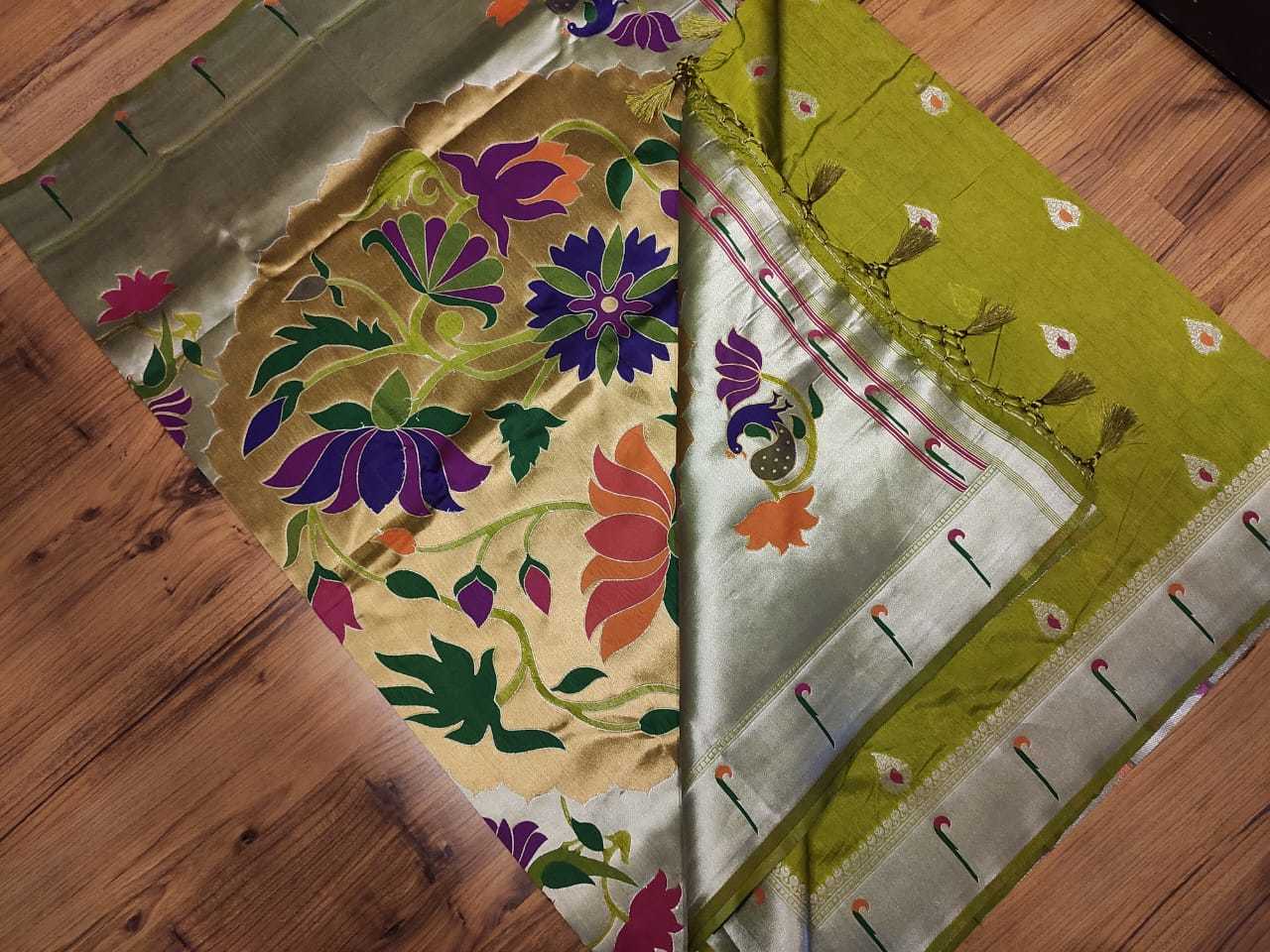 Paithani Soft Silk Saree - Kanji Linen Silk Fabric, 600-700 Gram, Green With Silver | Grand Meena Work, Zari Border, Running Blouse, Light Weight, Ideal For Traditional Occasions