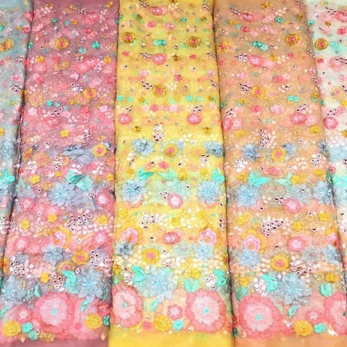 Embroidered Net Fabrics - Polyester Blend, 42 Inches Wide, Yellow Floral Design, 150 GSM | Ideal for Apparel, Home Decor, Craft Projects