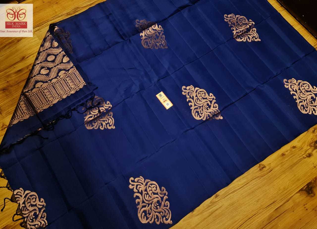 Grey And Navy Blue Pure Kanjivaram Silk Saree Side Budda