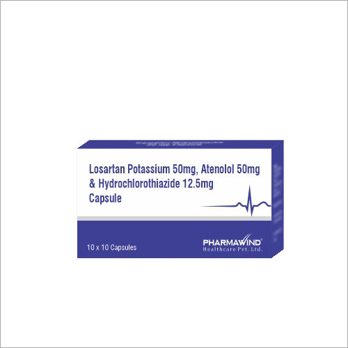 गोलियाँ लोसार्टन पोटेशियम 50mg एटेनोलोल 50mg और हाइड्रोक्लोरोथियाज़ाइड 12.5mg कैप्सूल