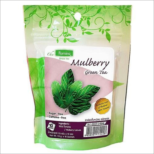 Green Tea Packaging Pouch - PET Multi Layer Lamination, 165x272 mm Glossy Finish with Zipper Closure, Customized Colors Available