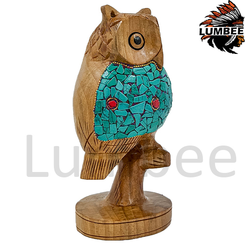 Blue Handcrafted Beautiful Wooden Big Stone Owl Statue