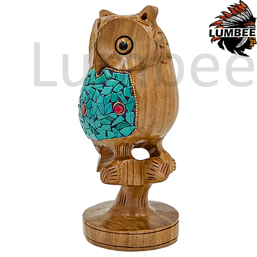 Blue Handcrafted Beautiful Wooden Big Stone Owl Statue