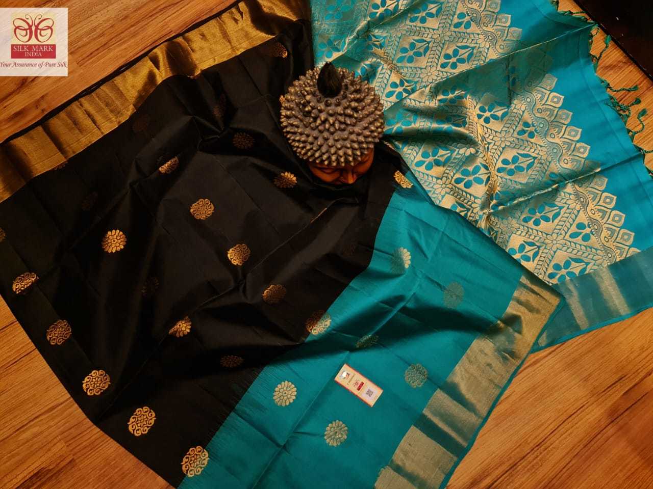 Pure Kanjivaram Silk Saree - Handwoven Double Warp, Yellow With Dual Shade Blue | Soft Silk, Light Weight, Rich Pallu, Gold Jarie Butta, Silk Mark Certified