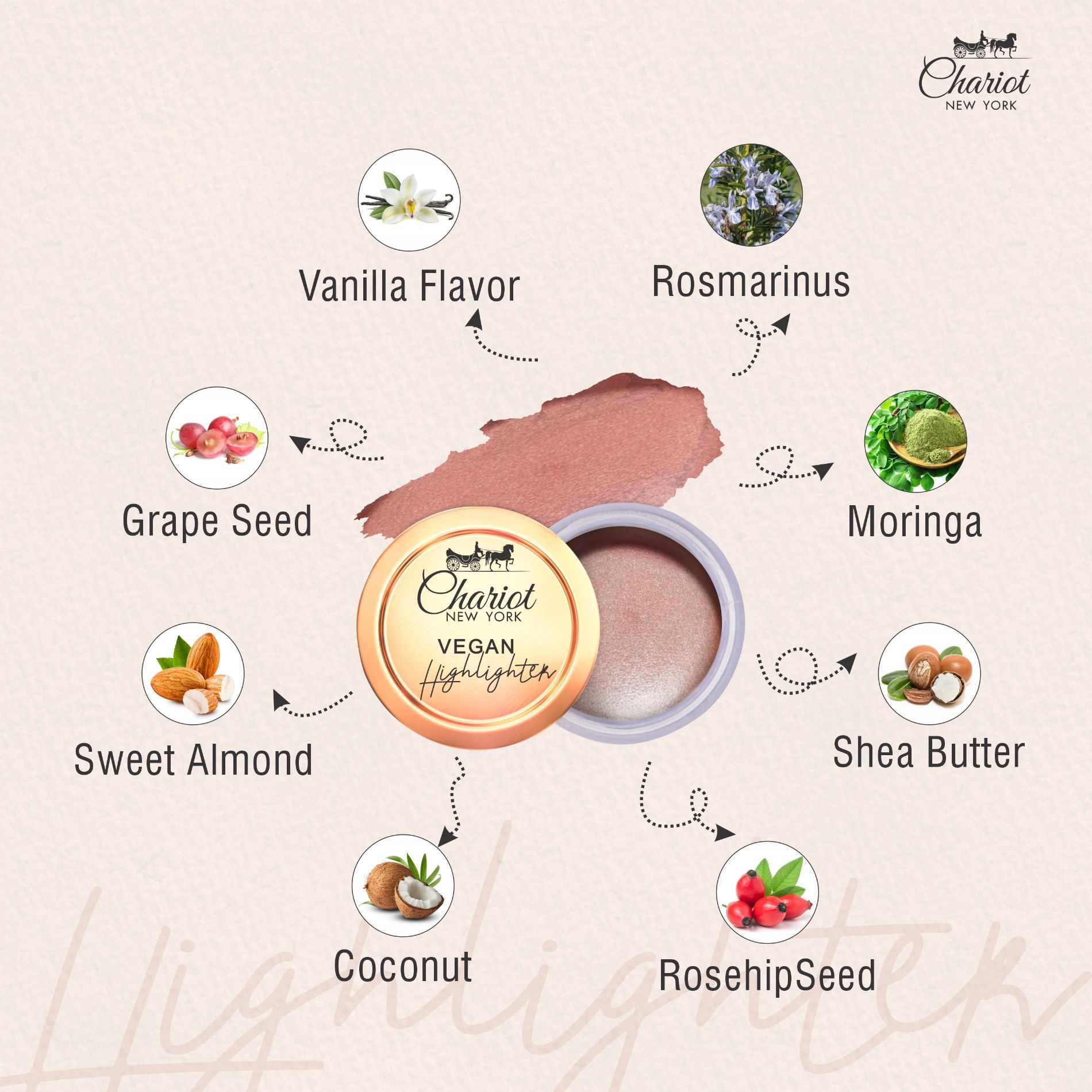 Chariot New York Vegan Natural Highlighter Illuminating Crome Metallic Long Lasting Nonsticky Soft Gold 6g - Age Group: 14-80