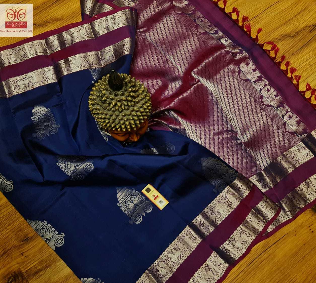 Navy Blue With Purple Pure Kanjivaram Soft Silk Budda