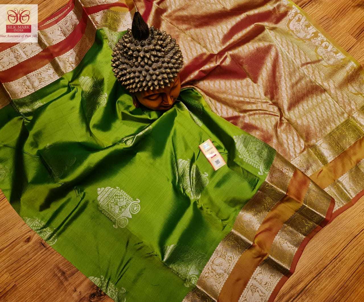 Parrot Green With Red Kanjivaram Soft Silk Fancy Border Saree