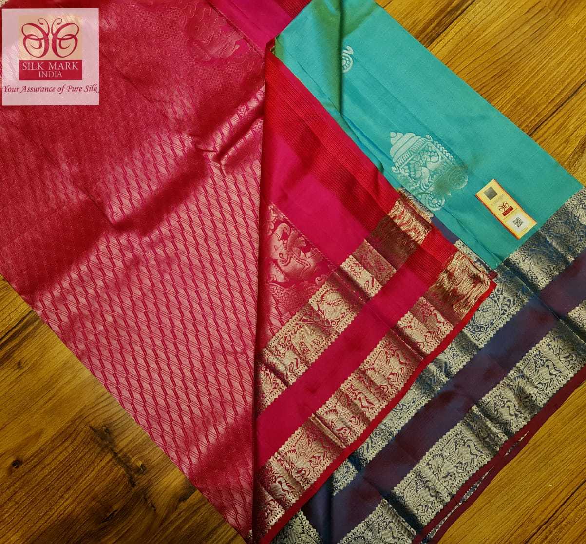 Blue With Red Pure Kanjivaram Soft Handloom Saree
