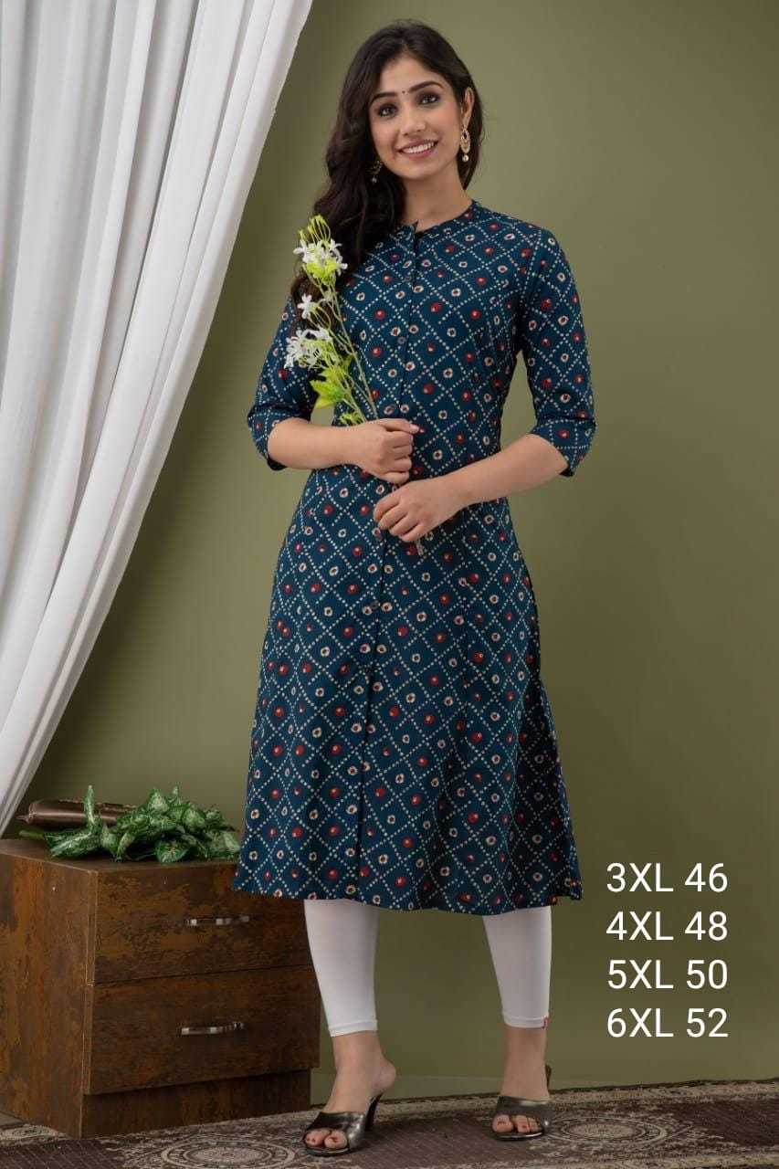 Kurties Collection - Heavy Crape, A Line Princess Cut In Big Size 3xl-6xl, Printed Fabric, 3/4 Sleeves, Breathable & Washable