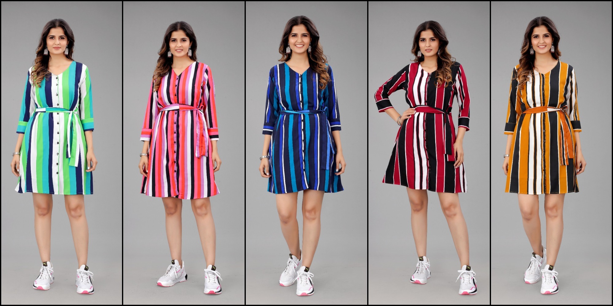 Crepe Midi Dress - 36 Inch Length, Sizes S-xxl | Multi Color, Striped Pattern, 3/4 Sleeves, Breathable And Washable