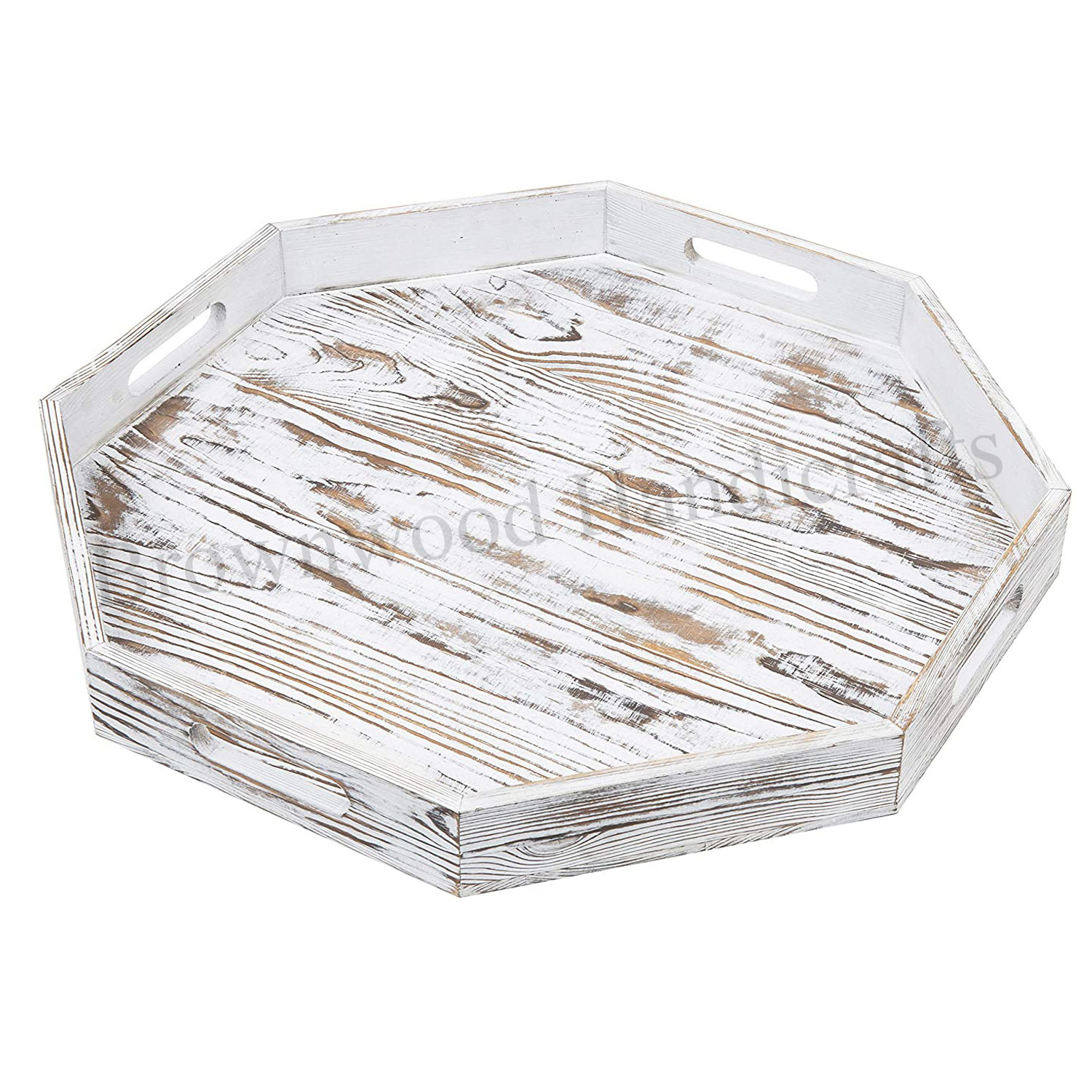 Pine Wood Serving Tray - 20x20x2.25 Inch, Burnt White Antique Finish, Customizable Color & Logo, Folk Art & Nautical Style