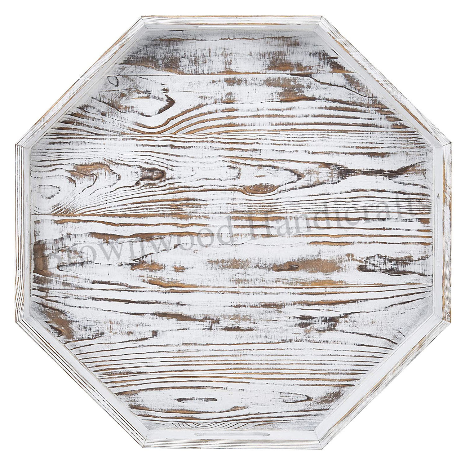 Pine Wood Serving Tray - 20x20x2.25 Inch, Burnt White Antique Finish, Customizable Color & Logo, Folk Art & Nautical Style