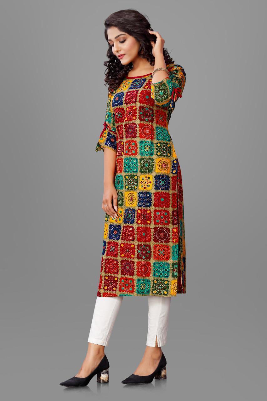 Premium Quality 14 Kg Rayon Kurti - Multi Color, Trendy Ethnic Style, Full Stitched With Mill & Foil Print
