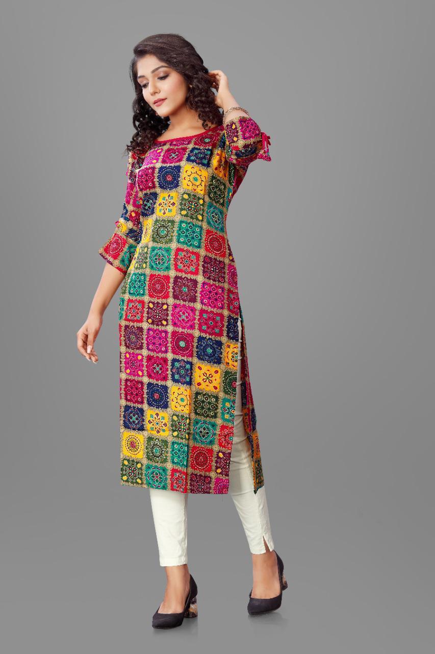 Premium Quality 14 Kg Rayon Kurti - Multi Color, Trendy Ethnic Style, Full Stitched With Mill & Foil Print