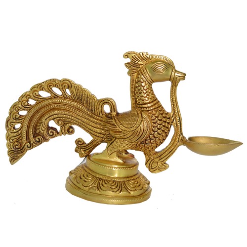 Designer Oil Lamp Of Peacock With Superfine Carving