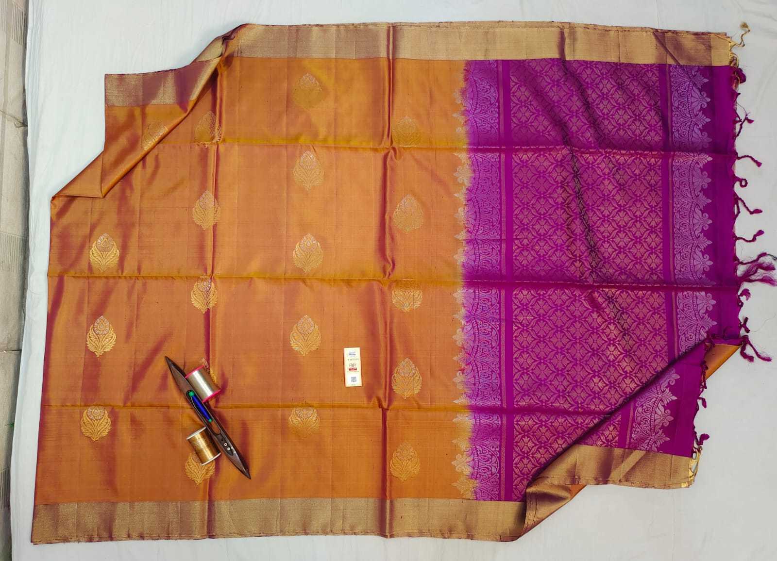 Blue Sky Blue Orange Kanjivaram Pure Silk Soft Handloom Saree