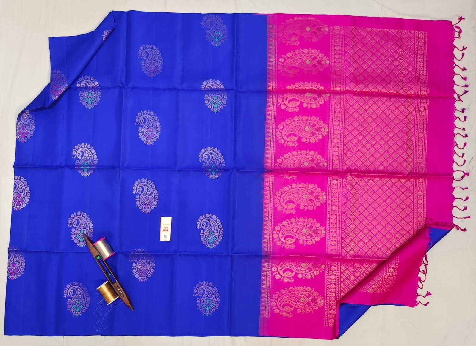 Blue Sky Blue Orange Kanjivaram Pure Silk Soft Handloom Saree