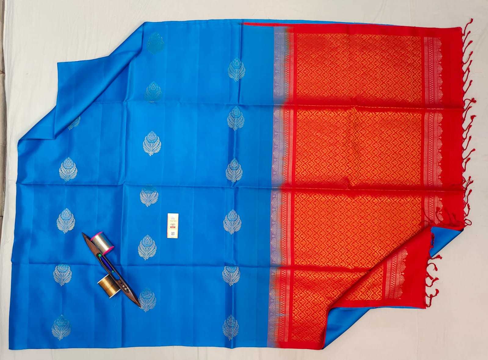 Blue Sky Blue Orange Kanjivaram Pure Silk Soft Handloom Saree