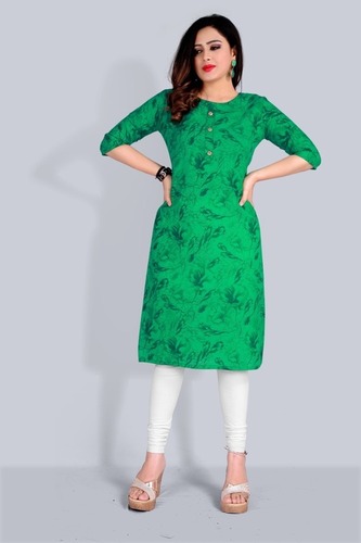 Casual Cotton Printed Kurti - 42 Inch Length, Size M to XXL, Green Multi-Color Design | Breathable, Washable, 3/4 Sleeve