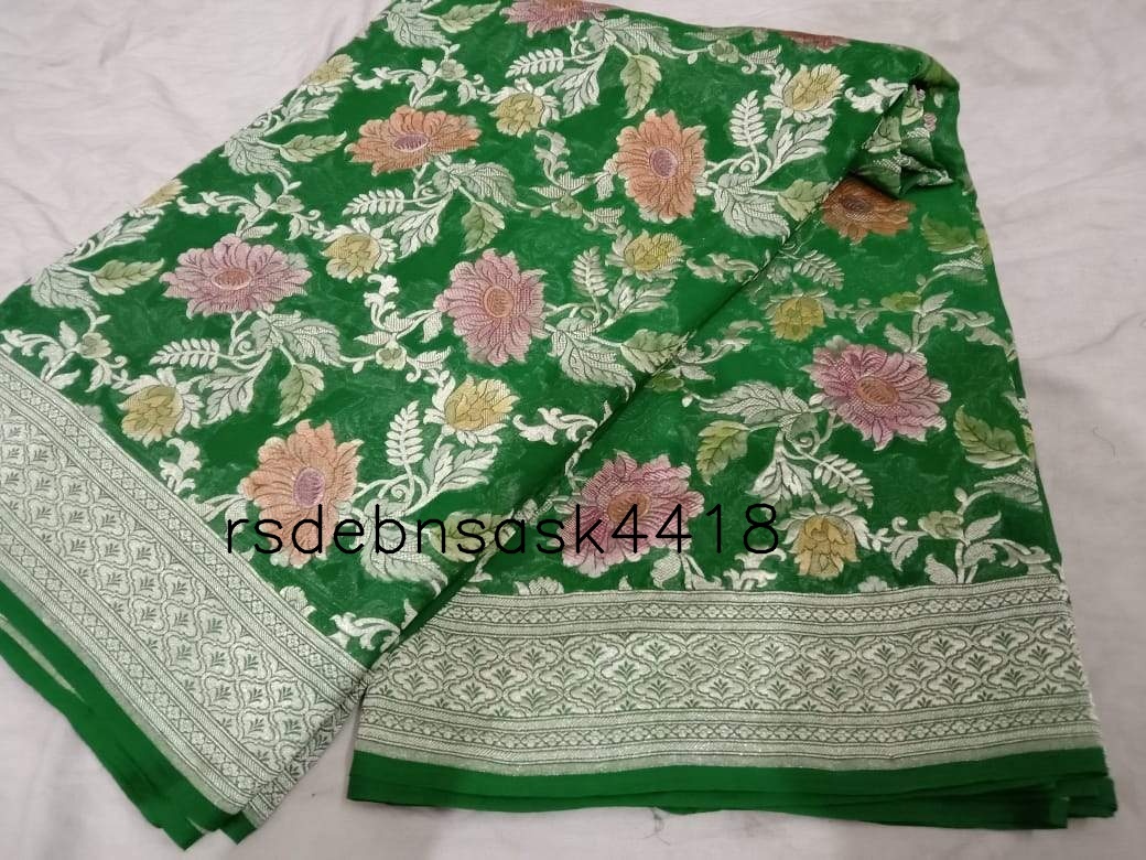 Banarasi Pure Handwoven Khaddi Georgette Saree - Dyeable Georgette, Embellished With Double Zari Motifs, Handpainted Design