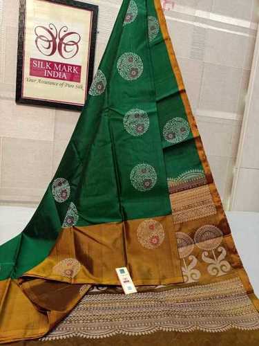 ग्रीन कांजीवरम सॉफ्ट हैंडलूम साड़ी रिच पल्लू