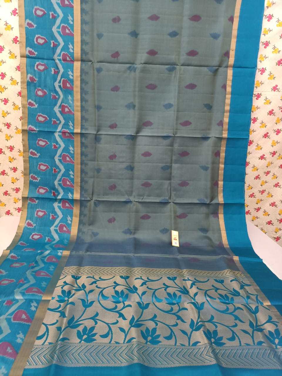 Grey With Rama Blue Ikkath Pure Silk Saree