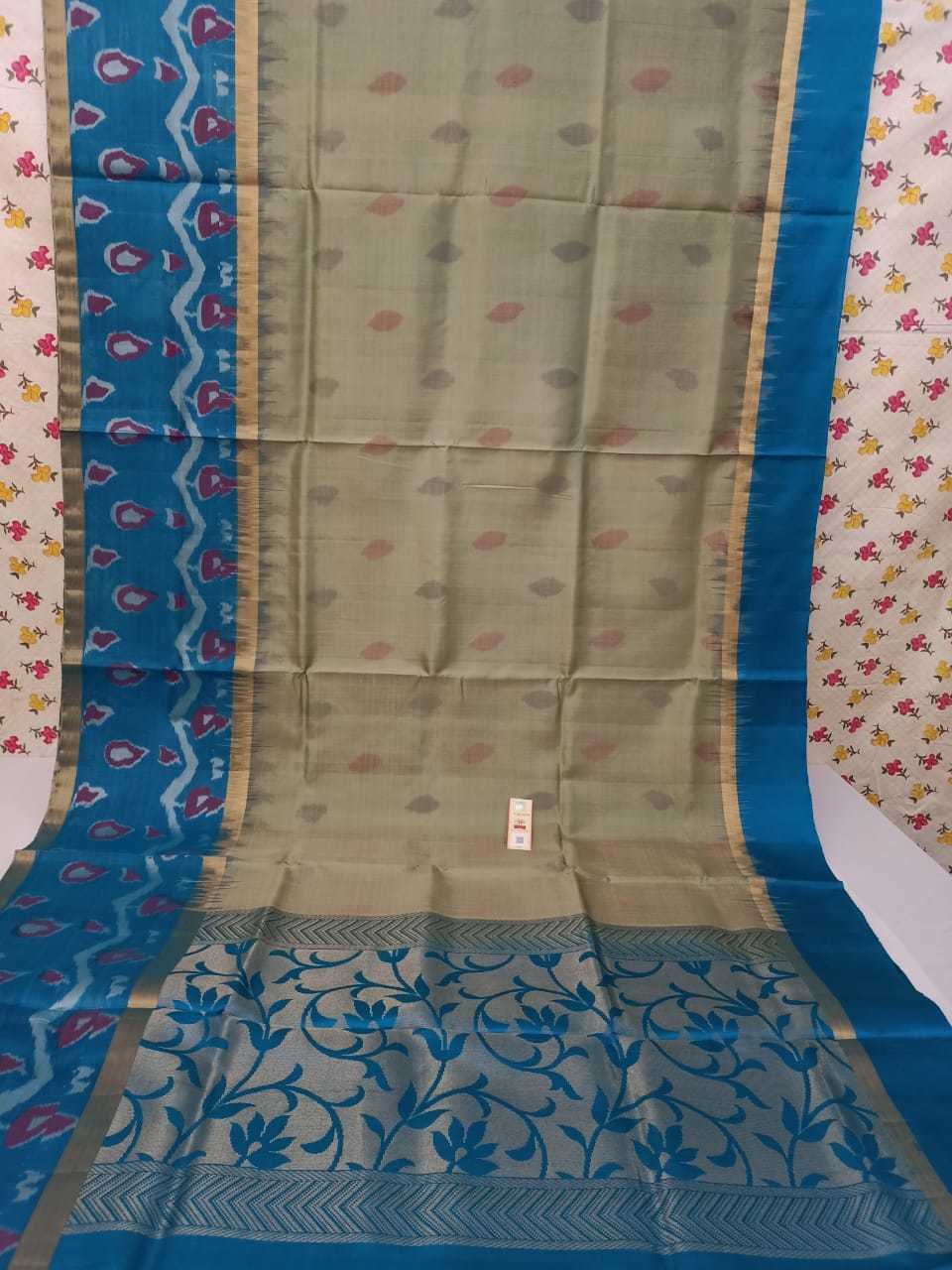 Grey With Rama Blue Ikkath Pure Silk Saree