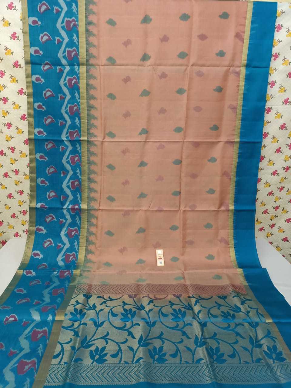 Grey With Rama Blue Ikkath Pure Silk Saree